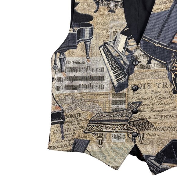 Vintage 90s Piano Print Tapestry Vest, Waistcoat, Music Theme, Musician Gift - Picture 4 of 11
